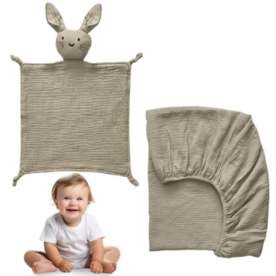 Product: 100% Cotton Muslin Crib Bedding Set – Beige Fitted Crib Sheet & Security Baby Blanket | Newborn Essentials, Baby Bed, Baby Boy/Baby Girl Toys, Toddler Essentials, Baby Registry