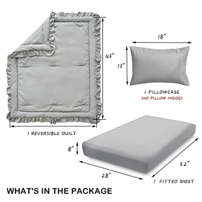 Gray Ruffle Crib Bedding Set, Quilted Comforter Fitted Sheet Pillowcase, 3 Piece Nursery Set, Standard Crib Mattress 12 Product: 3 Pieces Crib Bedding Set Baby Ruffle Quilted Comforter with Fitted Sheet and Pillowcase - Cute Ruffled Shabby Chic Bedding Soft Blanket Design Gray