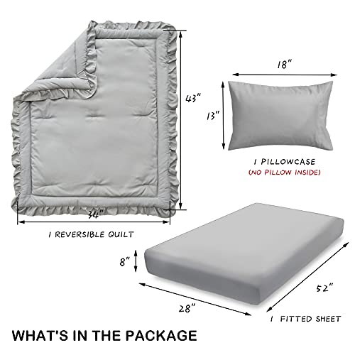 Gray Ruffle Crib Bedding Set, Quilted Comforter Fitted Sheet Pillowcase, 3 Piece Nursery Set, Standard Crib Mattress 3 Product: 3 Pieces Crib Bedding Set Baby Ruffle Quilted Comforter with Fitted Sheet and Pillowcase - Cute Ruffled Shabby Chic Bedding Soft Blanket Design Gray