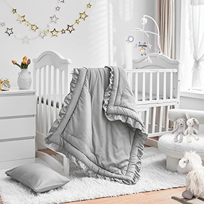 Product: 3 Pieces Crib Bedding Set Baby Ruffle Quilted Comforter with Fitted Sheet and Pillowcase - Cute Ruffled Shabby Chic Bedding Soft Blanket Design Gray