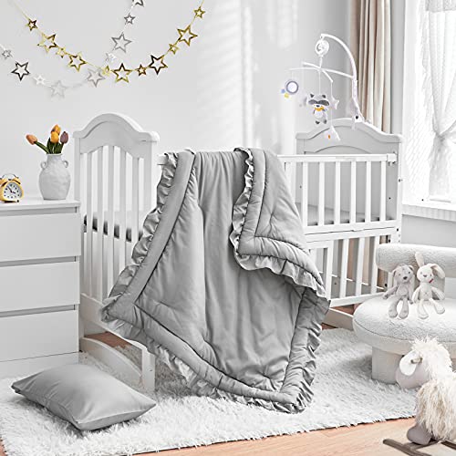 3 Pieces Crib Bedding Set Baby Ruffle Quilted Comforter with Fitted Sheet and Pillowcase - Cute Ruffled Shabby Chic Bedding Soft Blanket Design Gray - Crib Bedding Sets Product: 3 Pieces Crib Bedding Set Baby Ruffle Quilted Comforter with Fitted Sheet and Pillowcase - Cute Ruffled Shabby Chic Bedding Soft Blanket Design Gray