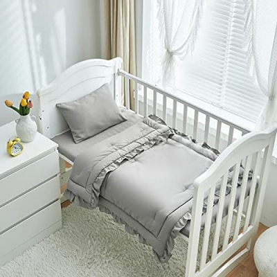 Gray Ruffle Crib Bedding Set, Quilted Comforter Fitted Sheet Pillowcase, 3 Piece Nursery Set, Standard Crib Mattress 10 Product: 3 Pieces Crib Bedding Set Baby Ruffle Quilted Comforter with Fitted Sheet and Pillowcase - Cute Ruffled Shabby Chic Bedding Soft Blanket Design Gray
