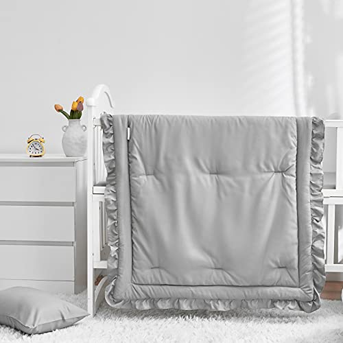 Gray Ruffle Crib Bedding Set, Quilted Comforter Fitted Sheet Pillowcase, 3 Piece Nursery Set, Standard Crib Mattress 7 Product: 3 Pieces Crib Bedding Set Baby Ruffle Quilted Comforter with Fitted Sheet and Pillowcase - Cute Ruffled Shabby Chic Bedding Soft Blanket Design Gray