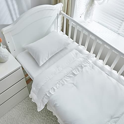 Ruffled White Crib Bedding Set, Quilted Comforter Fitted Sheet Toddler Pillowcase, 3 Piece, 34x43in 13 Product: 3 Pieces Crib Bedding Set Baby Ruffle Quilted Comforter with Fitted Sheet and Pillowcase - Cute Ruffled Shabby Chic Bedding Soft Blanket Design White