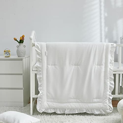 Ruffled White Crib Bedding Set, Quilted Comforter Fitted Sheet Toddler Pillowcase, 3 Piece, 34x43in 11 Product: 3 Pieces Crib Bedding Set Baby Ruffle Quilted Comforter with Fitted Sheet and Pillowcase - Cute Ruffled Shabby Chic Bedding Soft Blanket Design White