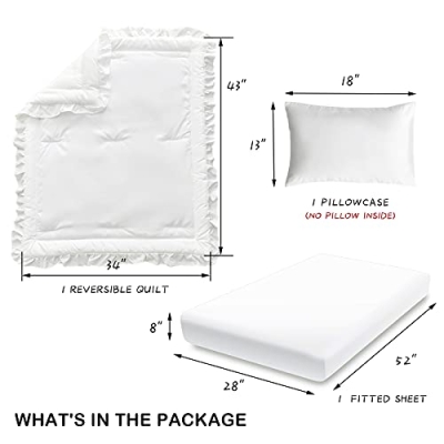 Ruffled White Crib Bedding Set, Quilted Comforter Fitted Sheet Toddler Pillowcase, 3 Piece, 34x43in 12 Product: 3 Pieces Crib Bedding Set Baby Ruffle Quilted Comforter with Fitted Sheet and Pillowcase - Cute Ruffled Shabby Chic Bedding Soft Blanket Design White