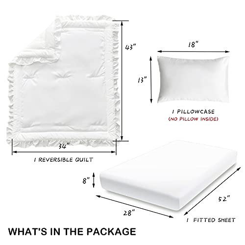 Ruffled White Crib Bedding Set, Quilted Comforter Fitted Sheet Toddler Pillowcase, 3 Piece, 34x43in 3 Product: 3 Pieces Crib Bedding Set Baby Ruffle Quilted Comforter with Fitted Sheet and Pillowcase - Cute Ruffled Shabby Chic Bedding Soft Blanket Design White