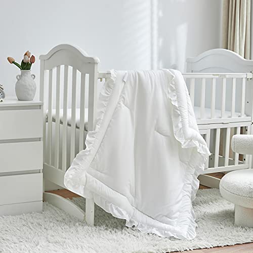 Ruffled White Crib Bedding Set, Quilted Comforter Fitted Sheet Toddler Pillowcase, 3 Piece, 34x43in 1 Product: 3 Pieces Crib Bedding Set Baby Ruffle Quilted Comforter with Fitted Sheet and Pillowcase - Cute Ruffled Shabby Chic Bedding Soft Blanket Design White