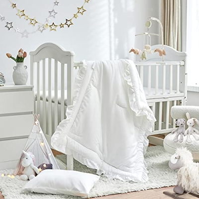 Product: 3 Pieces Crib Bedding Set Baby Ruffle Quilted Comforter with Fitted Sheet and Pillowcase - Cute Ruffled Shabby Chic Bedding Soft Blanket Design White