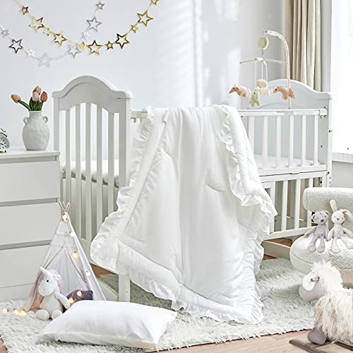 3 Pieces Crib Bedding Set Baby Ruffle Quilted Comforter with Fitted Sheet and Pillowcase - Cute Ruffled Shabby Chic Bedding Soft Blanket Design White - Crib Bedding Sets Product: 3 Pieces Crib Bedding Set Baby Ruffle Quilted Comforter with Fitted Sheet and Pillowcase - Cute Ruffled Shabby Chic Bedding Soft Blanket Design White