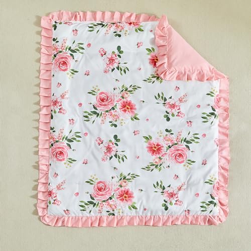 Green Floral Ruffle Crib Bedding Set, 3 Piece Rustic Nursery Comforter Sheet Skirt, Standard Crib, 34x43in 6 Product: 3 Pieces Flowers Crib Bedding Set Baby Ruffled Quilted Comforter with Fitted Sheet and Bed Skirt - Cute Ruffled Shabby Chic Baby Bedding Soft Blanket Floral Design