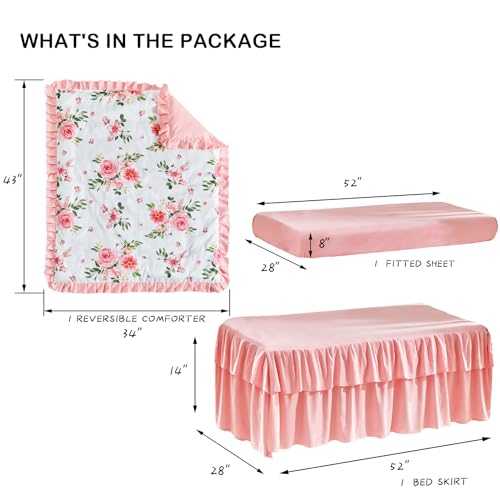 Green Floral Ruffle Crib Bedding Set, 3 Piece Rustic Nursery Comforter Sheet Skirt, Standard Crib, 34x43in 5 Product: 3 Pieces Flowers Crib Bedding Set Baby Ruffled Quilted Comforter with Fitted Sheet and Bed Skirt - Cute Ruffled Shabby Chic Baby Bedding Soft Blanket Floral Design
