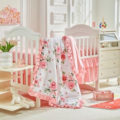 Green Floral Ruffle Crib Bedding Set, 3 Piece Rustic Nursery Comforter Sheet Skirt, Standard Crib, 34x43in 12 Product: 3 Pieces Flowers Crib Bedding Set Baby Ruffled Quilted Comforter with Fitted Sheet and Bed Skirt - Cute Ruffled Shabby Chic Baby Bedding Soft Blanket Floral Design
