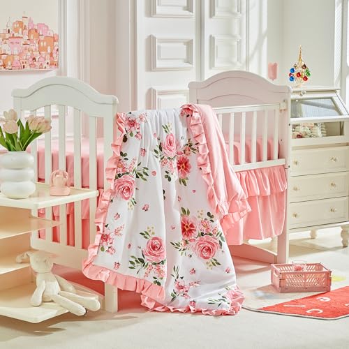 Green Floral Ruffle Crib Bedding Set, 3 Piece Rustic Nursery Comforter Sheet Skirt, Standard Crib, 34x43in 3 Product: 3 Pieces Flowers Crib Bedding Set Baby Ruffled Quilted Comforter with Fitted Sheet and Bed Skirt - Cute Ruffled Shabby Chic Baby Bedding Soft Blanket Floral Design
