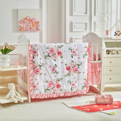 Green Floral Ruffle Crib Bedding Set, 3 Piece Rustic Nursery Comforter Sheet Skirt, Standard Crib, 34x43in 11 Product: 3 Pieces Flowers Crib Bedding Set Baby Ruffled Quilted Comforter with Fitted Sheet and Bed Skirt - Cute Ruffled Shabby Chic Baby Bedding Soft Blanket Floral Design