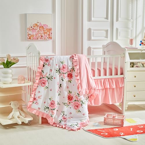 Green Floral Ruffle Crib Bedding Set, 3 Piece Rustic Nursery Comforter Sheet Skirt, Standard Crib, 34x43in 1 Product: 3 Pieces Flowers Crib Bedding Set Baby Ruffled Quilted Comforter with Fitted Sheet and Bed Skirt - Cute Ruffled Shabby Chic Baby Bedding Soft Blanket Floral Design