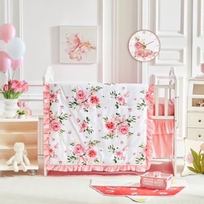 Product: 3 Pieces Flowers Crib Bedding Set Baby Ruffled Quilted Comforter with Fitted Sheet and Bed Skirt - Cute Ruffled Shabby Chic Baby Bedding Soft Blanket Floral Design