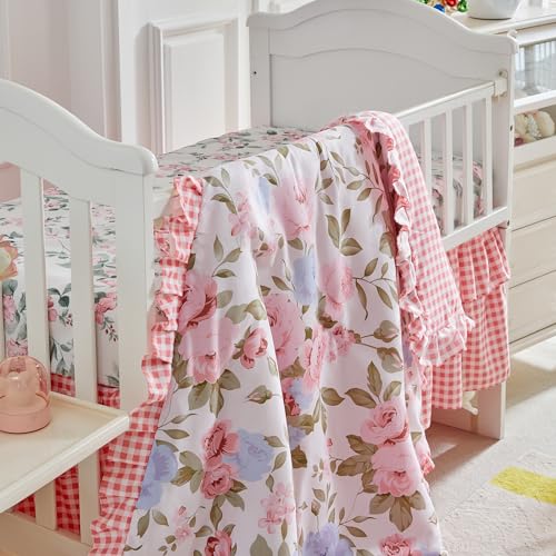 Product: 3 Pieces Flowers Crib Bedding Set Baby Ruffled Quilted Comforter with Fitted Sheet and Bed Skirt - Cute Ruffled Shabby Chic Baby Bedding Soft Blanket Floral Design