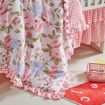 Product: 3 Pieces Flowers Crib Bedding Set Baby Ruffled Quilted Comforter with Fitted Sheet and Bed Skirt - Cute Ruffled Shabby Chic Baby Bedding Soft Blanket Floral Design