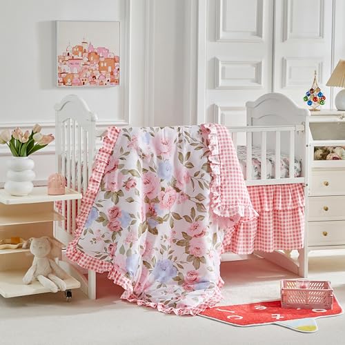 Product: 3 Pieces Flowers Crib Bedding Set Baby Ruffled Quilted Comforter with Fitted Sheet and Bed Skirt - Cute Ruffled Shabby Chic Baby Bedding Soft Blanket Floral Design