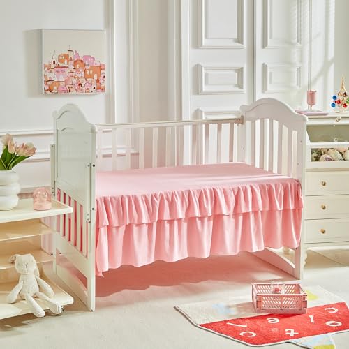 Green Floral Ruffle Crib Bedding Set, 3 Piece Rustic Nursery Comforter Sheet Skirt, Standard Crib, 34x43in 8 Product: 3 Pieces Flowers Crib Bedding Set Baby Ruffled Quilted Comforter with Fitted Sheet and Bed Skirt - Cute Ruffled Shabby Chic Baby Bedding Soft Blanket Floral Design