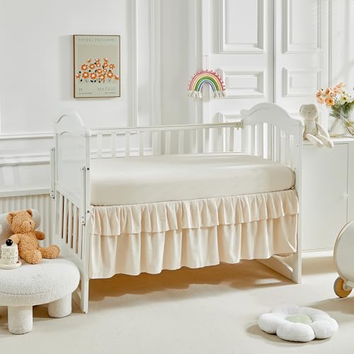 Tufted Boho Crib Bedding Set, 3 Piece Jacquard Comforter, Fitted Sheet, Ruffle Skirt, 34x43in 5 Product: 3 Pieces Tufted Stripes Crib Bedding Set with Ruffle Fringe, Beige Ruffled Comforter with Fitted Sheet and Bed Skirt, Soft and Embroidery Shabby Chic Boho Bohemian Jacquard Design for Baby Girls Boys