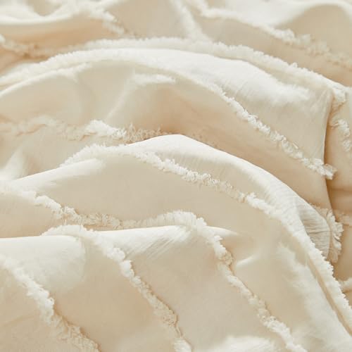Tufted Boho Crib Bedding Set, 3 Piece Jacquard Comforter, Fitted Sheet, Ruffle Skirt, 34x43in 4 Product: 3 Pieces Tufted Stripes Crib Bedding Set with Ruffle Fringe, Beige Ruffled Comforter with Fitted Sheet and Bed Skirt, Soft and Embroidery Shabby Chic Boho Bohemian Jacquard Design for Baby Girls Boys
