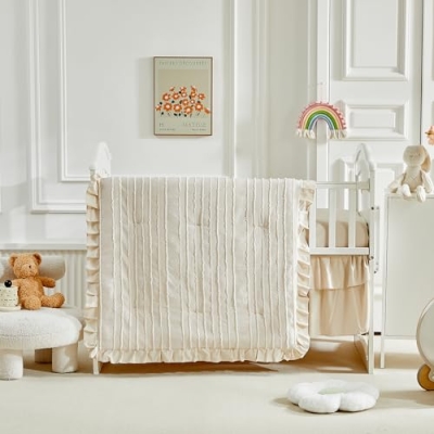 Tufted Boho Crib Bedding Set, 3 Piece Jacquard Comforter, Fitted Sheet, Ruffle Skirt, 34x43in 10 Product: 3 Pieces Tufted Stripes Crib Bedding Set with Ruffle Fringe, Beige Ruffled Comforter with Fitted Sheet and Bed Skirt, Soft and Embroidery Shabby Chic Boho Bohemian Jacquard Design for Baby Girls Boys