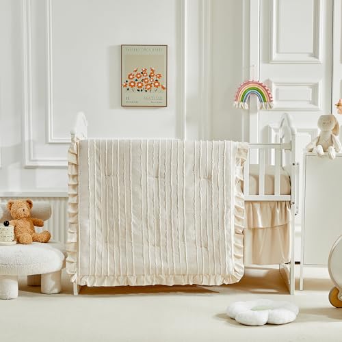 Tufted Boho Crib Bedding Set, 3 Piece Jacquard Comforter, Fitted Sheet, Ruffle Skirt, 34x43in 3 Product: 3 Pieces Tufted Stripes Crib Bedding Set with Ruffle Fringe, Beige Ruffled Comforter with Fitted Sheet and Bed Skirt, Soft and Embroidery Shabby Chic Boho Bohemian Jacquard Design for Baby Girls Boys
