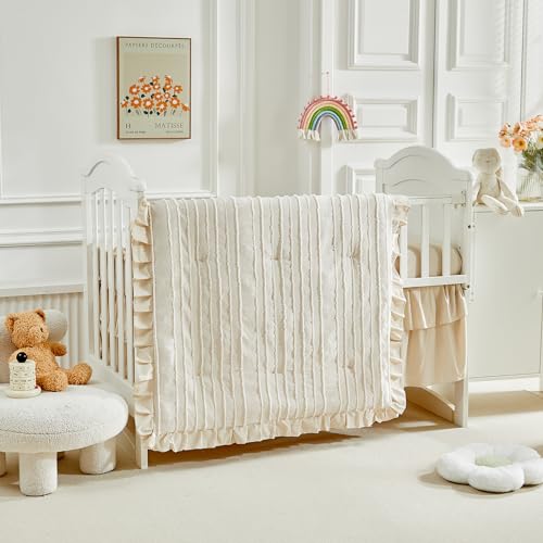 Tufted Boho Crib Bedding Set, 3 Piece Jacquard Comforter, Fitted Sheet, Ruffle Skirt, 34x43in 1 Product: 3 Pieces Tufted Stripes Crib Bedding Set with Ruffle Fringe, Beige Ruffled Comforter with Fitted Sheet and Bed Skirt, Soft and Embroidery Shabby Chic Boho Bohemian Jacquard Design for Baby Girls Boys