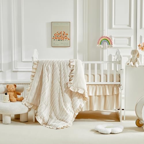 Tufted Boho Crib Bedding Set, 3 Piece Jacquard Comforter, Fitted Sheet, Ruffle Skirt, 34x43in 2 Product: 3 Pieces Tufted Stripes Crib Bedding Set with Ruffle Fringe, Beige Ruffled Comforter with Fitted Sheet and Bed Skirt, Soft and Embroidery Shabby Chic Boho Bohemian Jacquard Design for Baby Girls Boys