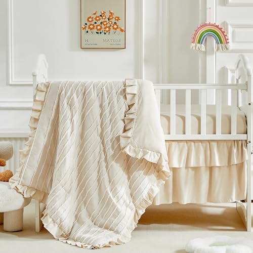 3 Pieces Tufted Stripes Crib Bedding Set with Ruffle Fringe, Beige Ruffled Comforter with Fitted Sheet and Bed Skirt, Soft and Embroidery Shabby Chic Boho Bohemian Jacquard Design for Baby Girls Boys - Crib Bedding Sets Product: 3 Pieces Tufted Stripes Crib Bedding Set with Ruffle Fringe, Beige Ruffled Comforter with Fitted Sheet and Bed Skirt, Soft and Embroidery Shabby Chic Boho Bohemian Jacquard Design for Baby Girls Boys
