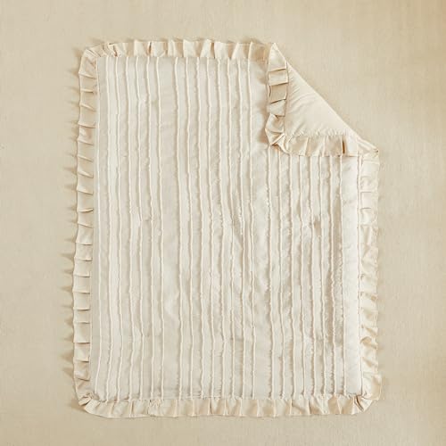 Tufted Boho Crib Bedding Set, 3 Piece Jacquard Comforter, Fitted Sheet, Ruffle Skirt, 34x43in 6 Product: 3 Pieces Tufted Stripes Crib Bedding Set with Ruffle Fringe, Beige Ruffled Comforter with Fitted Sheet and Bed Skirt, Soft and Embroidery Shabby Chic Boho Bohemian Jacquard Design for Baby Girls Boys