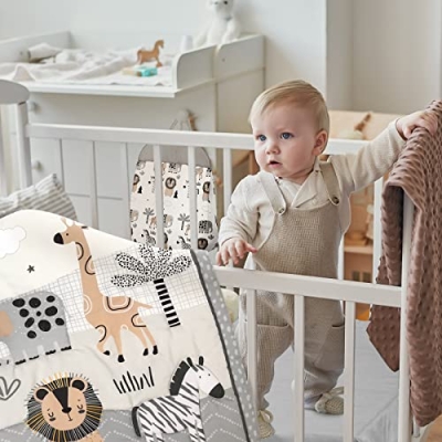 Product: 4 Piece Woodland Forest Animals Crib Bedding Set, Including Jungle Safari Crib Skirt, Blanket, Nursery Bed Sheet and Diaper Stacker, Soft Neutral Nursery Standard Size Baby Bedding for Baby Girls Boys