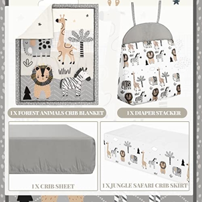 Product: 4 Piece Woodland Forest Animals Crib Bedding Set, Including Jungle Safari Crib Skirt, Blanket, Nursery Bed Sheet and Diaper Stacker, Soft Neutral Nursery Standard Size Baby Bedding for Baby Girls Boys