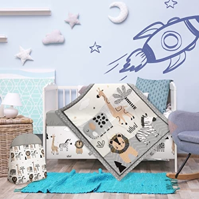 Product: 4 Piece Woodland Forest Animals Crib Bedding Set, Including Jungle Safari Crib Skirt, Blanket, Nursery Bed Sheet and Diaper Stacker, Soft Neutral Nursery Standard Size Baby Bedding for Baby Girls Boys
