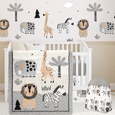Product: 4 Piece Woodland Forest Animals Crib Bedding Set, Including Jungle Safari Crib Skirt, Blanket, Nursery Bed Sheet and Diaper Stacker, Soft Neutral Nursery Standard Size Baby Bedding for Baby Girls Boys