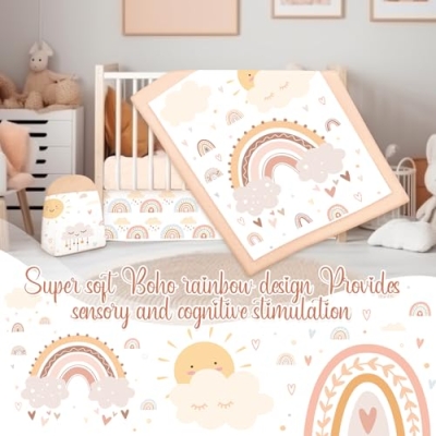 Bohemian Rainbow Baby Crib Bedding Set, Comforter Crib Skirt Sheet Diaper Stacker, Nursery Set, 28 x 52in 10 Product: 4 Pieces Baby Crib Bedding Set for Girls and Boys, Bohemian Rainbow Soft Baby Bedding Set Including Crib Skirt, Comforter, Sheet and Diaper Stacker for Nursery