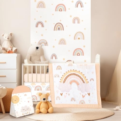 Product: 4 Pieces Baby Crib Bedding Set for Girls and Boys, Bohemian Rainbow Soft Baby Bedding Set Including Crib Skirt, Comforter, Sheet and Diaper Stacker for Nursery