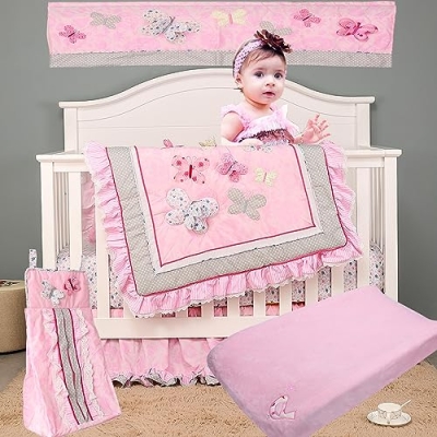 Product: 5 PCs Pink Butterfly Nursery Crib Bedding Set Cotton Embroidery 3 D Butterfly Baby Girl Cot Bedding Set 1 Quilt 1 Fitted Sheet 1 Skirt 1 Changing Pad Cover Sheet 1 Diaper Organizer