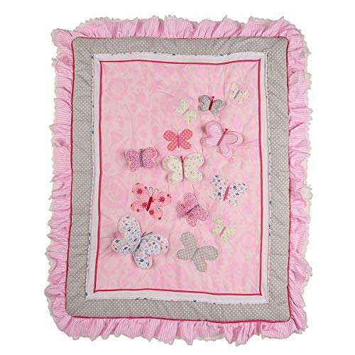 Product: 5 PCs Pink Butterfly Nursery Crib Bedding Set Cotton Embroidery 3 D Butterfly Baby Girl Cot Bedding Set 1 Quilt 1 Fitted Sheet 1 Skirt 1 Changing Pad Cover Sheet 1 Diaper Organizer