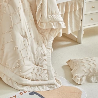 AIKASY Ruffled Shabby Chic Crib Bedding Set for Girls, Quilted Comforter Fitted Sheet Bed Skirt Pillowcase, 39x47in 12 Product: AIKASY The Ruffled Shabby Crib Bedding Set for Girls, Baby Quilted Comforter with Fitted Sheet, Bed Skirt, and Pillowcase.