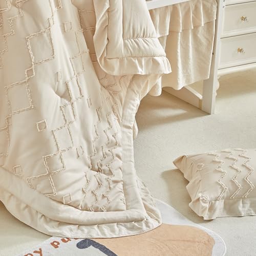 AIKASY Ruffled Shabby Chic Crib Bedding Set for Girls, Quilted Comforter Fitted Sheet Bed Skirt Pillowcase, 39x47in 5 Product: AIKASY The Ruffled Shabby Crib Bedding Set for Girls, Baby Quilted Comforter with Fitted Sheet, Bed Skirt, and Pillowcase.