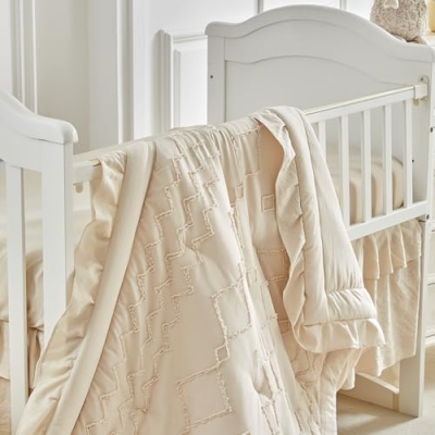 AIKASY Ruffled Shabby Chic Crib Bedding Set for Girls, Quilted Comforter Fitted Sheet Bed Skirt Pillowcase, 39x47in 11 Product: AIKASY The Ruffled Shabby Crib Bedding Set for Girls, Baby Quilted Comforter with Fitted Sheet, Bed Skirt, and Pillowcase.