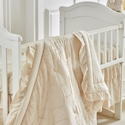 AIKASY Ruffled Shabby Chic Crib Bedding Set for Girls, Quilted Comforter Fitted Sheet Bed Skirt Pillowcase, 39x47in 4 Product: AIKASY The Ruffled Shabby Crib Bedding Set for Girls, Baby Quilted Comforter with Fitted Sheet, Bed Skirt, and Pillowcase.
