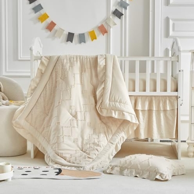 AIKASY Ruffled Shabby Chic Crib Bedding Set for Girls, Quilted Comforter Fitted Sheet Bed Skirt Pillowcase, 39x47in 10 Product: AIKASY The Ruffled Shabby Crib Bedding Set for Girls, Baby Quilted Comforter with Fitted Sheet, Bed Skirt, and Pillowcase.