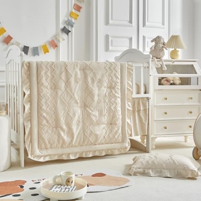 AIKASY Ruffled Shabby Chic Crib Bedding Set for Girls, Quilted Comforter Fitted Sheet Bed Skirt Pillowcase, 39x47in 8 Product: AIKASY The Ruffled Shabby Crib Bedding Set for Girls, Baby Quilted Comforter with Fitted Sheet, Bed Skirt, and Pillowcase.