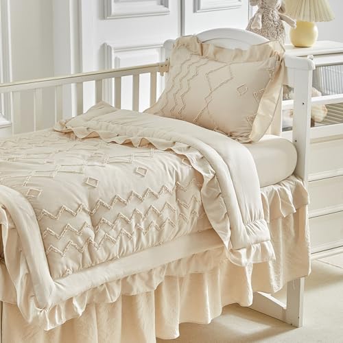 AIKASY Ruffled Shabby Chic Crib Bedding Set for Girls, Quilted Comforter Fitted Sheet Bed Skirt Pillowcase, 39x47in 2 Product: AIKASY The Ruffled Shabby Crib Bedding Set for Girls, Baby Quilted Comforter with Fitted Sheet, Bed Skirt, and Pillowcase.