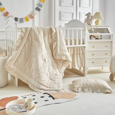Product: AIKASY The Ruffled Shabby Crib Bedding Set for Girls, Baby Quilted Comforter with Fitted Sheet, Bed Skirt, and Pillowcase.