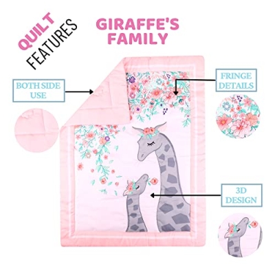 Product: Baby Bees 4 Pieces Giraffe's Family Crib Bedding Sets for Boys and Girl | Baby Bedding Set of 2 Crib Sheets, Quilt, Dust Ruffle for Standard Size Crib